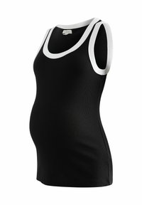 Zwarte zwangerschaps tanktop met witte ribbelrand, ontworpen met een getailleerde pasvorm en rekbare stof om een groeiende buik te acomoderen.