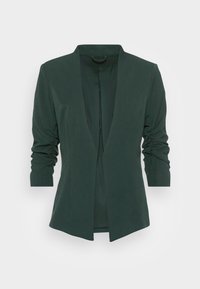 Tmavě zelený blazer se zúženým střihem, otevřeným předním dílem a zkrácenými dlouhými rukávy. Vyrobeno z hladké látky s minimální texturou.