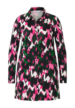 Camisa de botones con un vibrante patrón multicolor en rosa, verde, negro y blanco. Cuenta con cuello y mangas largas. Tejido suave.