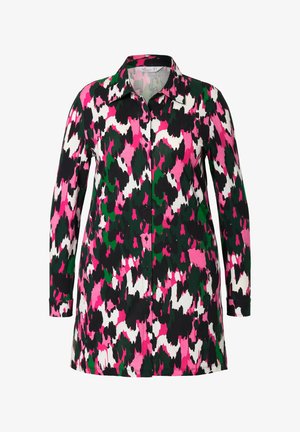 Napitava kašulja s vibrantnim višebojim uzorkom u ružičastoj, zelenoj, crnoj i bijeloj boji. Ima ovratnik i duge rukave. Mekani materijal.