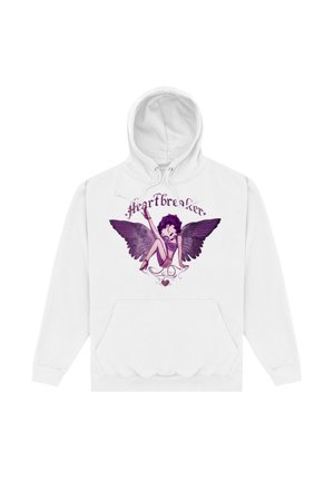 Biała bluza z kapturem z grafiką przedstawiającą postać z skrzydłami, z fioletowymi akcentami i napisem "heartbreaker" powyżej. Miękka faktura materiału, kieszeń typu kangur.