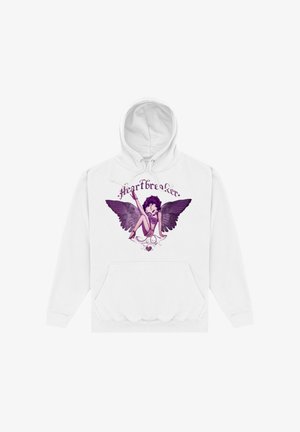 Biała bluza z kapturem z grafiką przedstawiającą postać z skrzydłami, z fioletowymi akcentami i napisem "heartbreaker" powyżej. Miękka faktura materiału, kieszeń typu kangur.