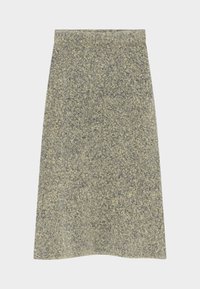 Vunena olovka suknja u mješavini sivih i maslinasto zelenih nijansi, s teksturiranom površinom i ravnim rezom s čistim pojasom.