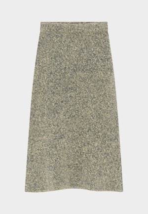 Vilnonė pieštuko formos sijonas pilkšvų ir alyvuogių žalių atspalvių mišinys, pasižymintis tekstūruota paviršiaus ir tiesiu kirpimu su švaria juosmens linija.