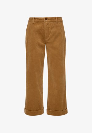 Bruine corduroy broek met wijde pijpen, een knoopsluiting en opgerolde boorden. De stof heeft een zachte textuur en een zichtbaar ribbelpatroon.