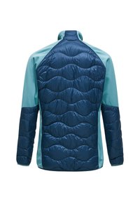 Polstret jakke med en bølge-mønstret mørkeblå ryg og lyseblå ærmer. Høj krave design, letvægtsmaterialer og elastiske manchetter.