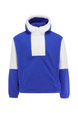 Blauw-witte fleece pullover hoodie met een witte ritssluiting aan de voorkant en twee voorzakken.