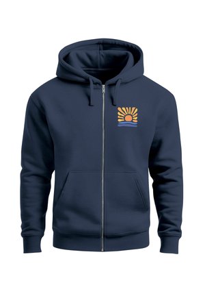Navy zip-up hoodie made of soft fabric, featuring a sun and wave graphic in orange and blue on the left chest area. Front pockets included.