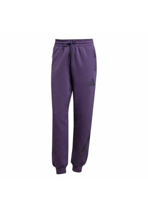 Pantalones deportivos morados de Adidas con cintura elástica, cordón ajustable, bolsillos laterales con cremallera y puños en los tobillos.