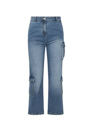 Niebieskie dżinsowe spodnie cargo z wysokim stanem, szerokimi nogawkami, szlufkami na pasek, z przodu zapinane na guzik, z suwakiem oraz z kieszeniami na klapie na udach i dolnych nogawkach.
