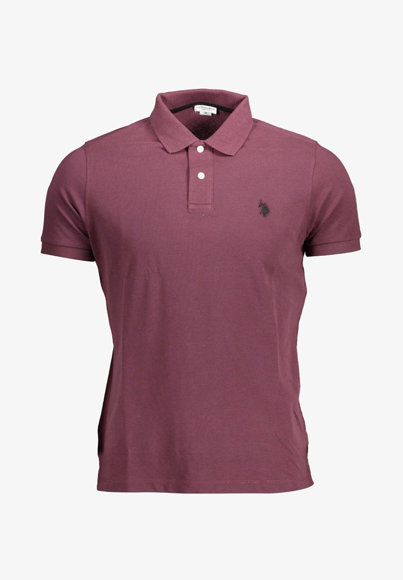 Polo à manches courtes de couleur bordeaux avec deux boutons blancs et un petit logo sombre sur la poitrine gauche.