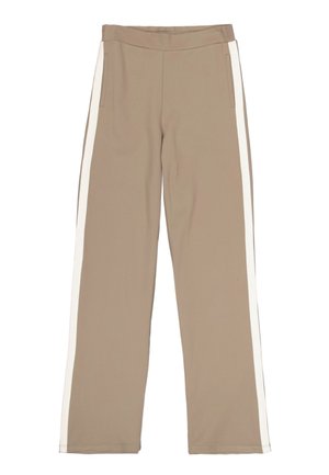 Beige wijde broek van zachte stof, met zijzakken en witte strepen langs de buitennaad. Gladde textuur met elastische tailleband.