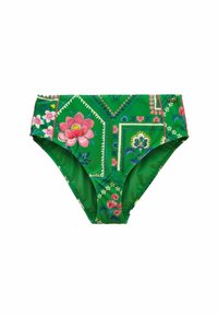 Zelené bikiny s kvetinovými vzormi v ružovej a bielej farbe a geometrickými akcentmi. Vyrobené z elastického materiálu s hladkou textúrou.