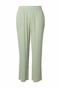 Lichtgroene, wijdvallende broek van textuurstof met een elastische tailleband en geen zichtbare zakken.