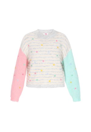 Gestreifter Strickpullover in Grau, Creme, Rosa und Mint mit bunten gestickten Sternen. Mit übergroßen Ärmeln und rundem Ausschnitt.