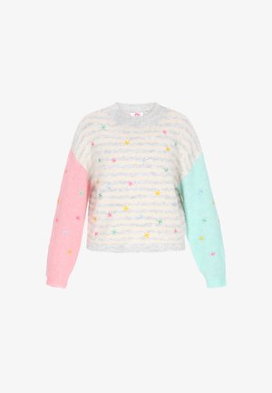 Gestreifter Strickpullover in Grau, Creme, Rosa und Mint mit bunten gestickten Sternen. Mit übergroßen Ärmeln und rundem Ausschnitt.