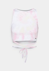 Top corto de tie-dye en blanco con patrones en rosa y amarillo. Presenta un escote redondeado y tirantes ajustables con lazo en la espalda para un ajuste seguro.