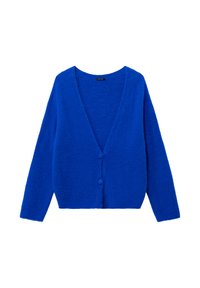 Cardigan blu, morbido e fluffy, con scollatura a V profonda, maniche lunghe e tre bottoni rotondi davanti. Tessuto morbido e vestibilità rilassata.