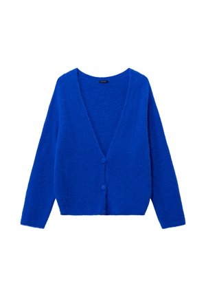 Cardigan blu, morbido e fluffy, con scollatura a V profonda, maniche lunghe e tre bottoni rotondi davanti. Tessuto morbido e vestibilità rilassata.
