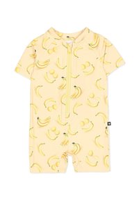 Geel kortemouwen rompertje met een banaan- en citroenpatroon, voorzien van een ritssluiting aan de voorkant en een label aan de onderzijde.