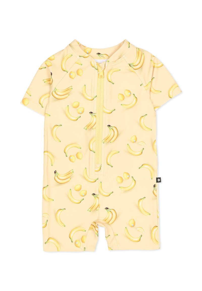 Geel kortemouwen rompertje met een banaan- en citroenpatroon, voorzien van een ritssluiting aan de voorkant en een label aan de onderzijde.