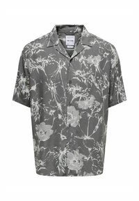 Kurzarm-Hemd mit Knöpfen in Grau mit weißem Blumenmuster; verfügt über einen Camp-Kragen, einen lockeren Schnitt und eine glatte Textur.