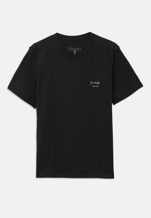 Black short-sleeve t-shirt made from soft fabric, featuring a small white fishbone design on the left chest. Round neckline, casual fit.