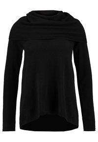 Pull noir à manches longues avec un col drapé, texture douce, ourlet asymétrique et coupe décontractée. Pas de motifs ni d'accents visibles.
