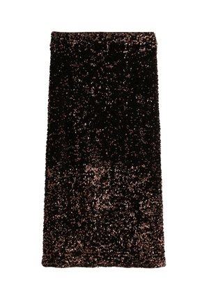 Sort pailetteret nederdel med en tætsiddende silhuet. Dækket af reflekterende, runde pailetter, der glitrer i lyset og skaber en struktureret overflade.