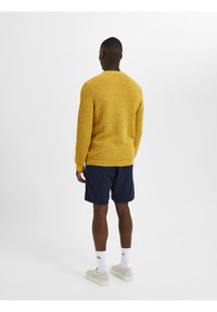 Senfgelber Strickpullover, Rundhalsausschnitt, strukturierter Stoff. Kombiniert mit marineblauen Shorts und hellen Sneakern. Minimalistisches Design.