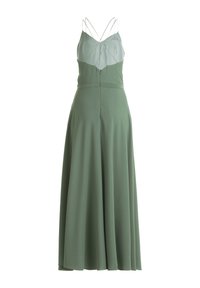 Zielona maxi sukienka z dopasowanym gorsetem, cienkimi ramiączkami i zwiewnym dołem. Materiał wydaje się gładki z delikatnym połyskiem.
