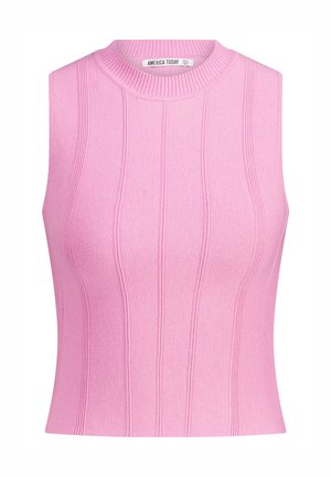 Helles Rosa, ärmelloses Oberteil aus geripptem Stoff mit hohem Halsausschnitt und vertikalem Streifenmuster. Keine sichtbaren Beschläge oder Akzente.