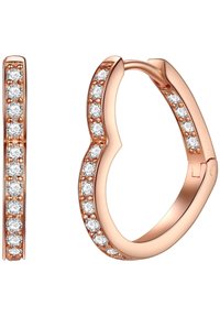 Rose gold hoop earrings featuring a curved design, embellished with round clear stones along the front and a smooth polished interior.