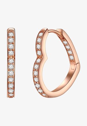 Øreringe i rosaguld med en buet design, prydet med runde klare sten langs fronten og en glat poleret inderside.