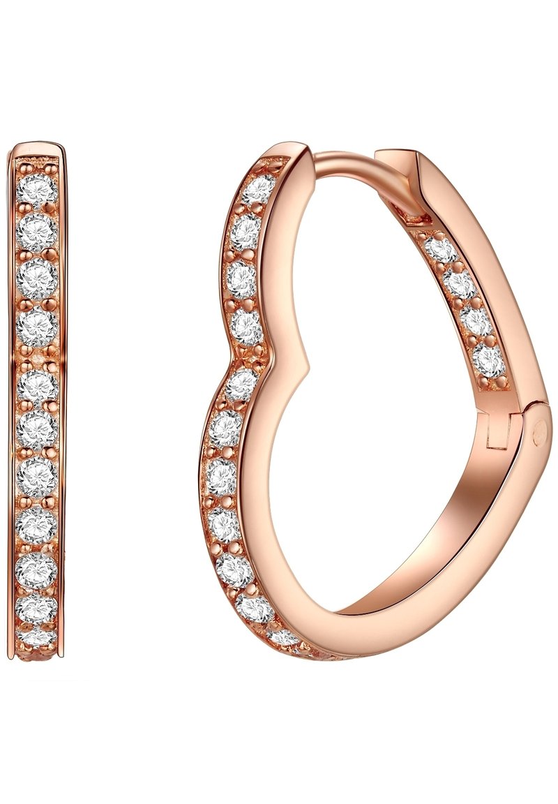 Rose gold hoop earrings featuring a curved design, embellished with round clear stones along the front and a smooth polished interior.