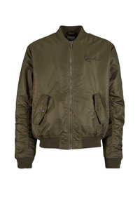 Olivově zelená bomber bunda z lesklé, texturované látky. Disponuje zipovým zapínáním, žebrovanými manžetami a lemem a dvěma bočními kapsami. Černá výšivka loga.