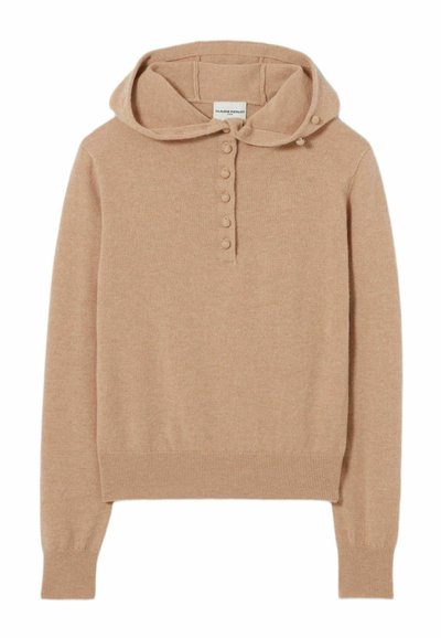 Pull en tricot beige avec capuche, doté d'une patte de boutonnage et de poignets et ourlet côtelés. Texture douce, design simple, tissu léger.