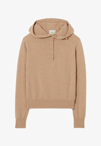 Pullover in maglia beige con cappuccio, dotato di una pattina con bottoni e polsini e orlo a coste. Texture morbida, design semplice, tessuto leggero.