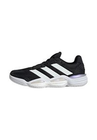 Black athletic shoes with a mesh upper, white accents, three stripes on the side, and a textured outsole with visible cushioning.