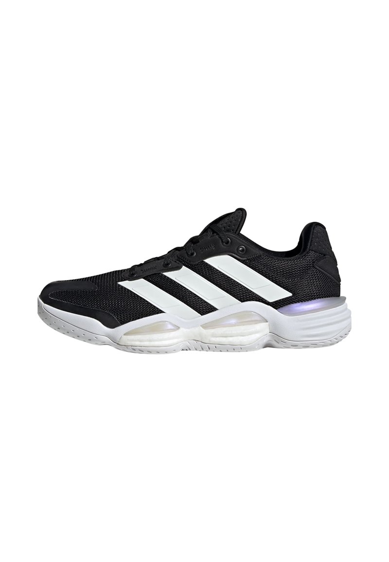 Black athletic shoes with a mesh upper, white accents, three stripes on the side, and a textured outsole with visible cushioning.