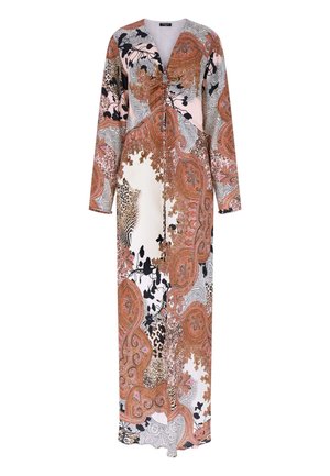 Długa sukienka maxi z długim rękawem i marszczonym przodem, z wielokolorowym wzorem paisley, kwiatowym oraz panterką w odcieniach brązu, czerni, bieli i różu.