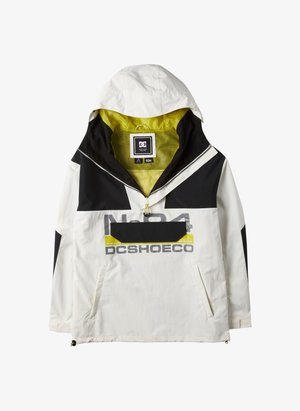 Chaqueta ligera en blanco y negro con capucha, que presenta un interior amarillo y un estampado gráfico en el frente. Incluye bolsillos con cremallera.