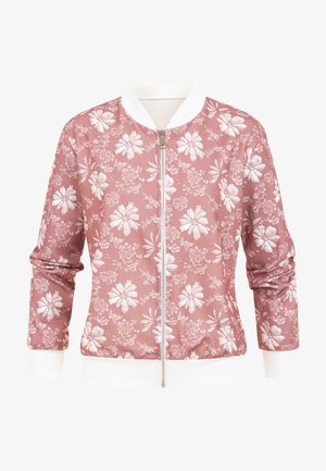 Roze bomberjack met wit bloemmotief, witte geribbelde kraag, manchetten en zoom, en een voorritssluiting.