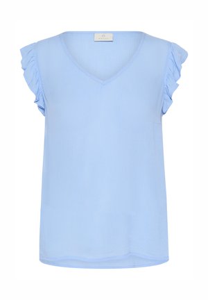 Haut bleu clair à manches courtes avec un décolleté en V et des manches à volants. Texture lisse et coupe ample, avec un léger éclat. Pas de motifs visibles.
