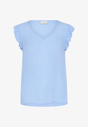 Light blue short-sleeve top with a V-neck and ruffled sleeves. Smooth texture and loose fit, featuring a subtle sheen. No visible patterns.