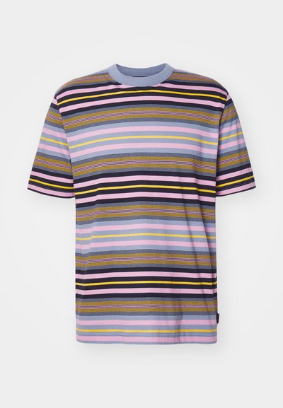 Gestreept T-shirt met korte mouwen, voorzien van horizontale lijnen in paars, zwart, geel en grijs. Ronde halslijn met een lichtblauwe rand. Zachte stof.