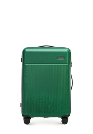 Green hardshell suitcase with a textured finish, smooth curves, top handle, and four black wheels for easy mobility. Brand logo displayed.