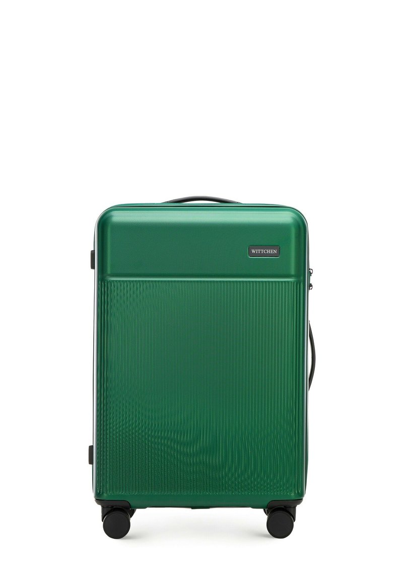 Groene hard-shell koffer met een gestructureerde afwerking, vlekkeloos verloop, bovenhandvat en vier zwarte wielen voor gemakkelijke mobiliteit. Merkl logo weergegeven.