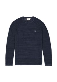 Marineblauer Langarmpullover aus strukturiertem Stoff, mit Rundhalsausschnitt und einem kleinen Logo im oberen linken Brustbereich.