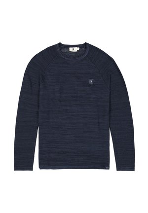 Marineblauwe langemouwentrui van gestructureerde stof, met een ronde hals en een klein logo op de bovenste linkerborst.